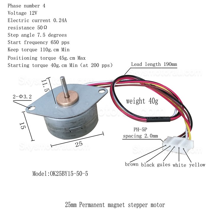 Oukeda OK25BY15-50-5 PM Stepper Motor 4 Phase 7.5 Deg 0.24A 10.7Ncm 5 Wires